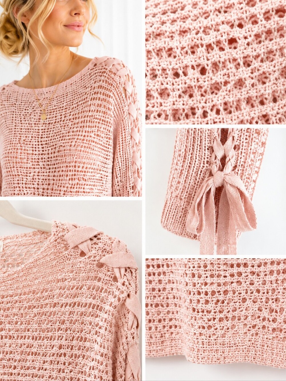 Rewind Pink Open Knit Sweater Size Small Lace-Up Sleeve Lightweight Cottagecore - Picture 5 of 10